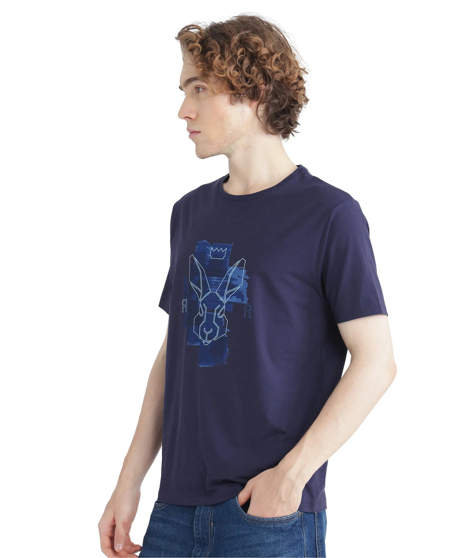 Rare Rabbit Men's Nexi Blue Cotton Blend Graphic Print Regular Fit Half Sleeve Crew Neck T-Shirt