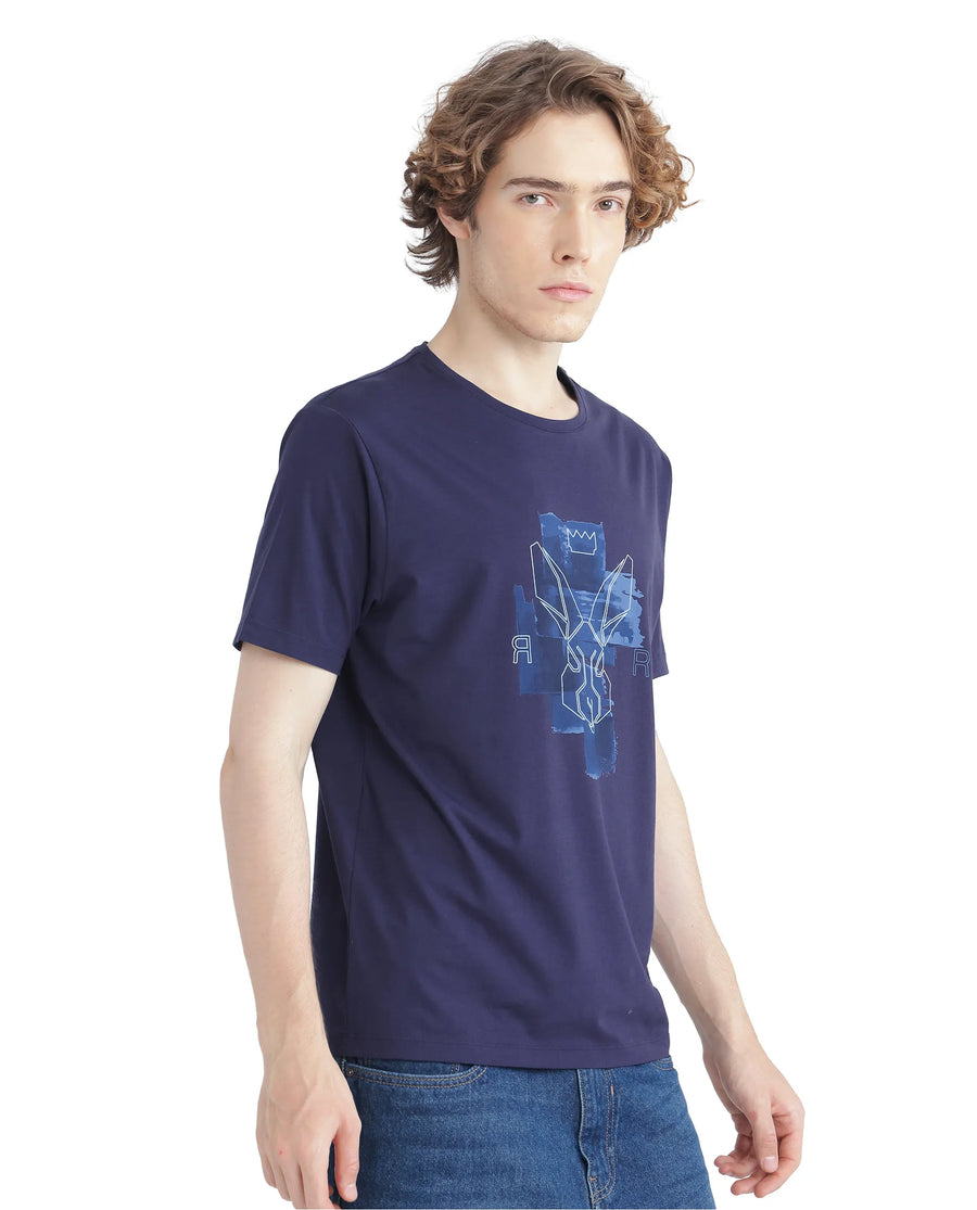 Rare Rabbit Men's Nexi Blue Cotton Blend Graphic Print Regular Fit Half Sleeve Crew Neck T-Shirt