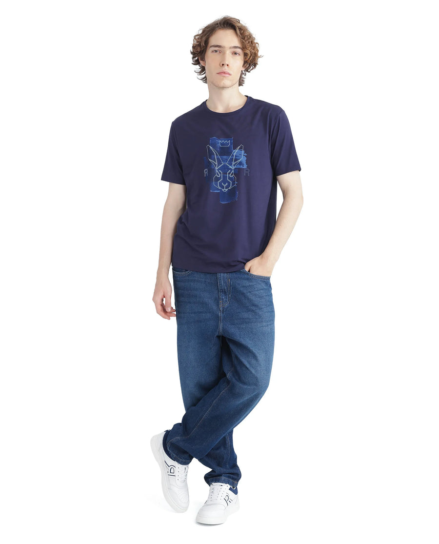 Rare Rabbit Men's Nexi Blue Cotton Blend Graphic Print Regular Fit Half Sleeve Crew Neck T-Shirt