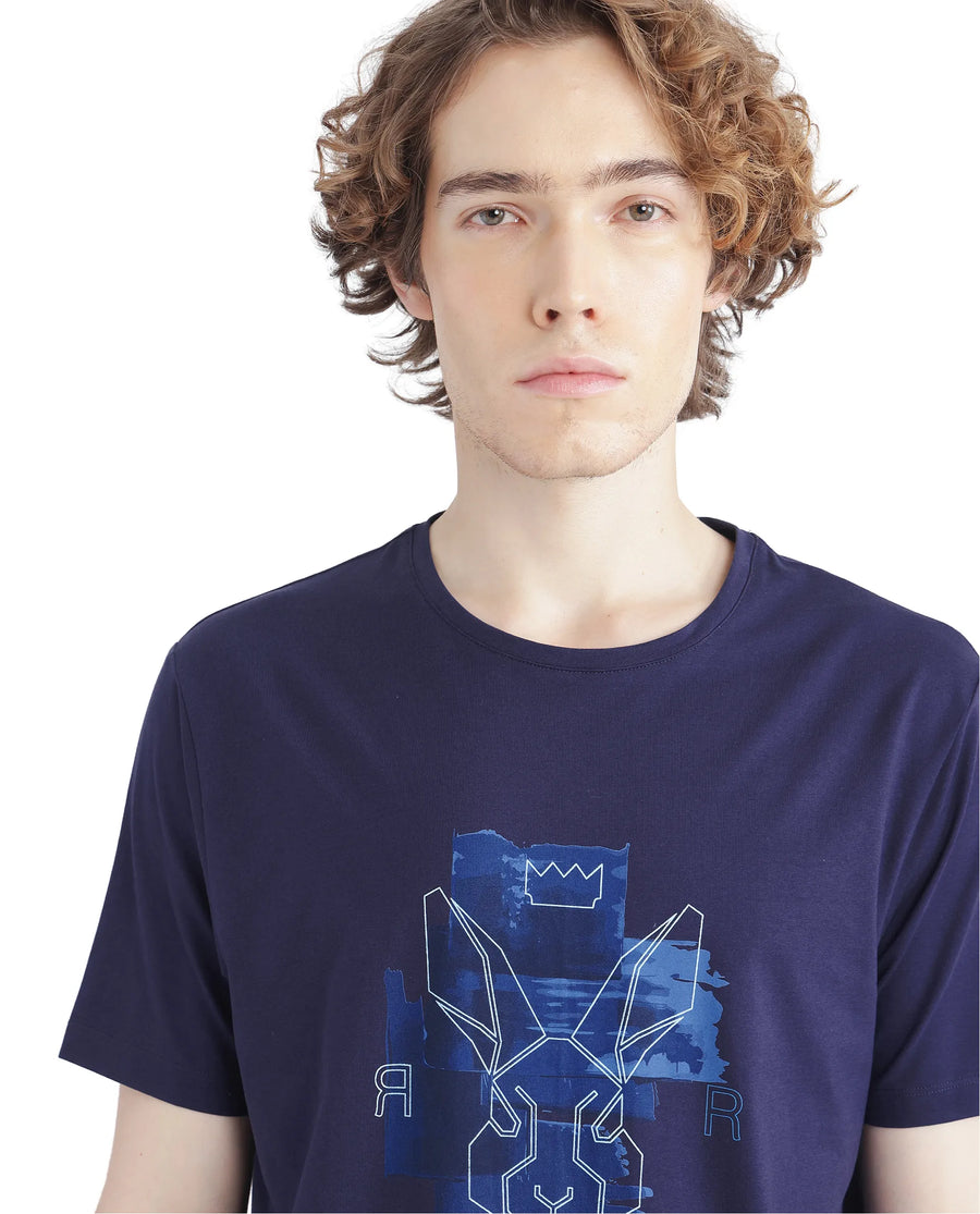 Rare Rabbit Men's Nexi Blue Cotton Blend Graphic Print Regular Fit Half Sleeve Crew Neck T-Shirt