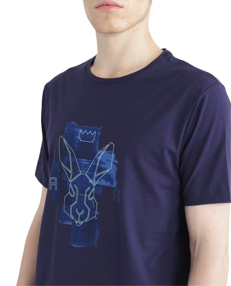Rare Rabbit Men's Nexi Blue Cotton Blend Graphic Print Regular Fit Half Sleeve Crew Neck T-Shirt