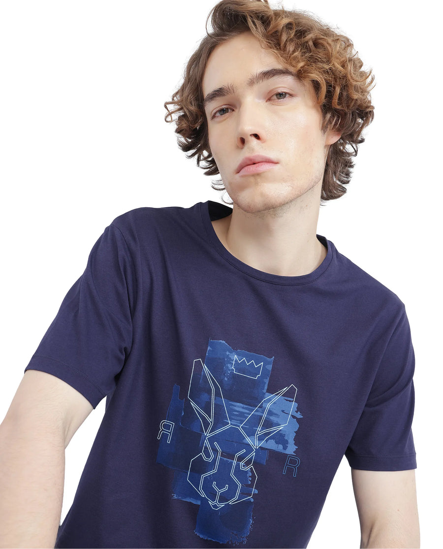 Rare Rabbit Men's Nexi Blue Cotton Blend Graphic Print Regular Fit Half Sleeve Crew Neck T-Shirt