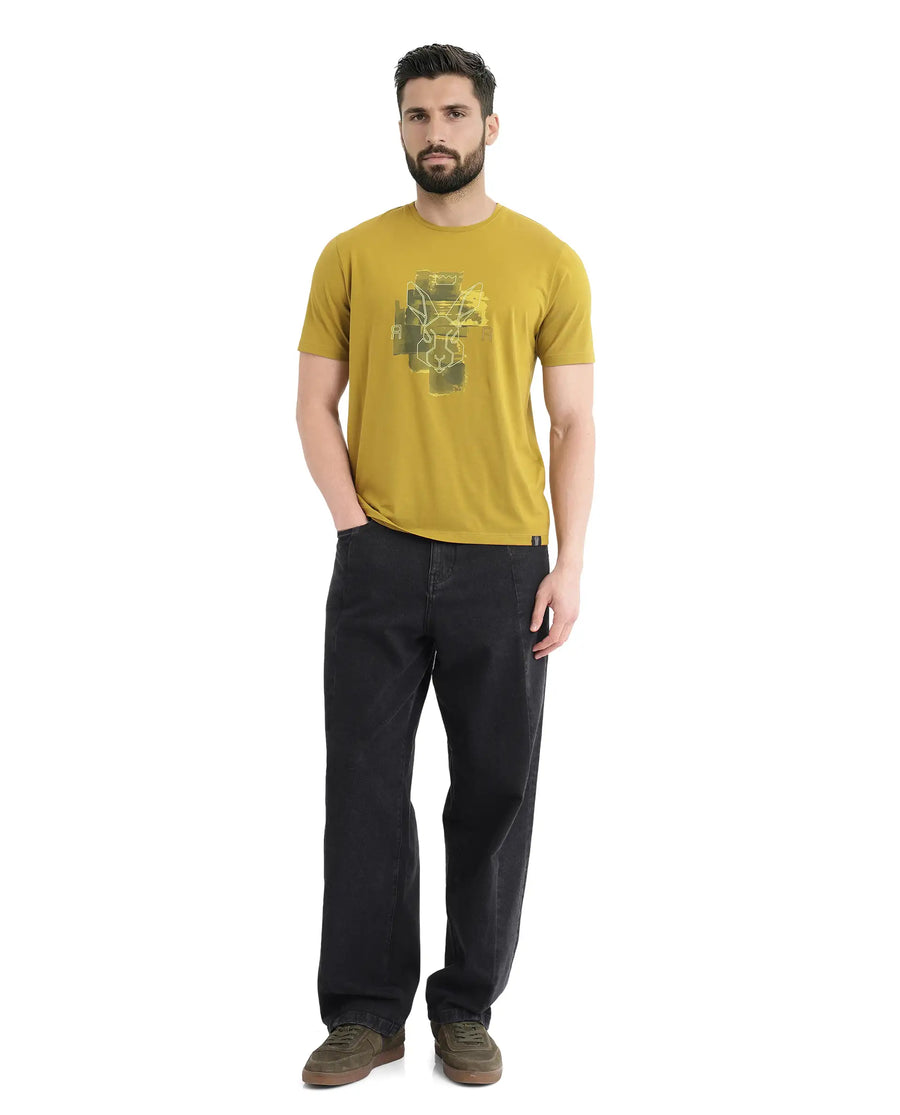 Rare Rabbit Men's Nexi Olive Cotton Graphic Print Regular Fit Half Sleeve Crew Neck T-Shirt