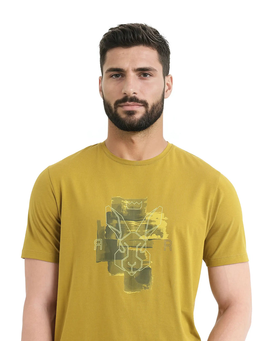 Rare Rabbit Men's Nexi Olive Cotton Graphic Print Regular Fit Half Sleeve Crew Neck T-Shirt
