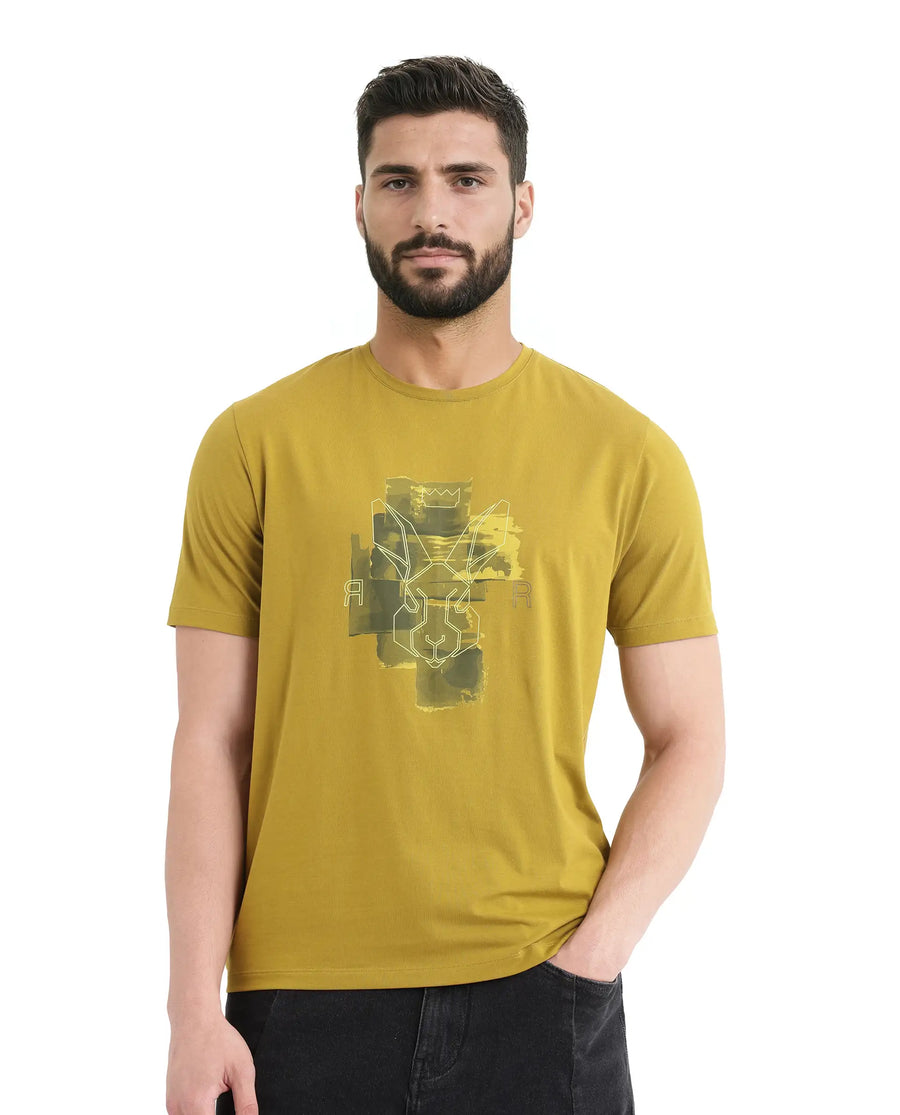 Rare Rabbit Men's Nexi Olive Cotton Graphic Print Regular Fit Half Sleeve Crew Neck T-Shirt