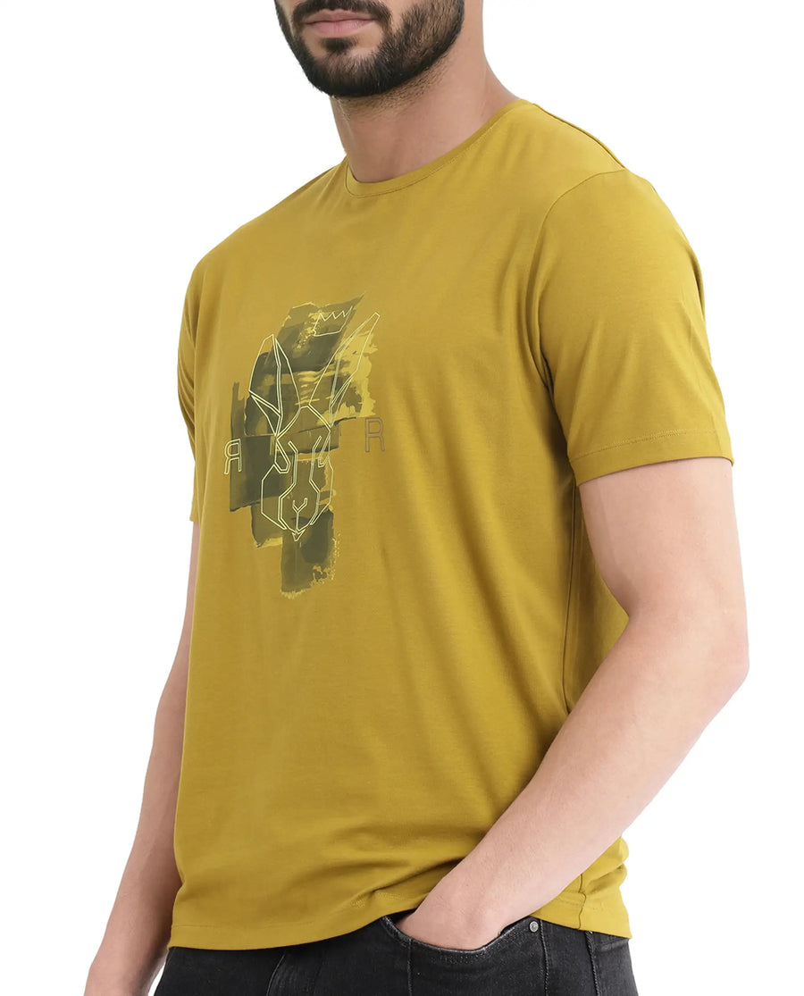 Rare Rabbit Men's Nexi Olive Cotton Graphic Print Regular Fit Half Sleeve Crew Neck T-Shirt