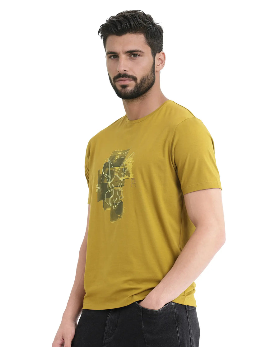 Rare Rabbit Men's Nexi Olive Cotton Graphic Print Regular Fit Half Sleeve Crew Neck T-Shirt