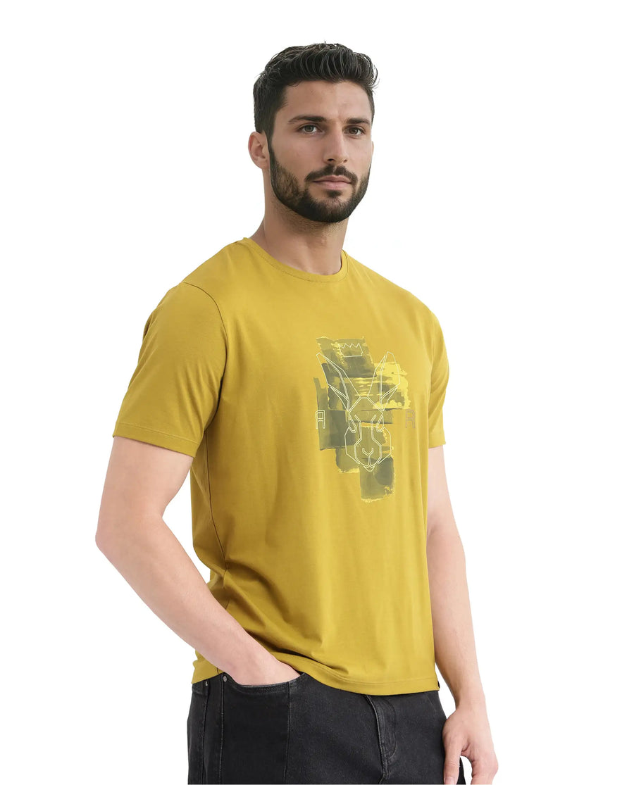 Rare Rabbit Men's Nexi Olive Cotton Graphic Print Regular Fit Half Sleeve Crew Neck T-Shirt