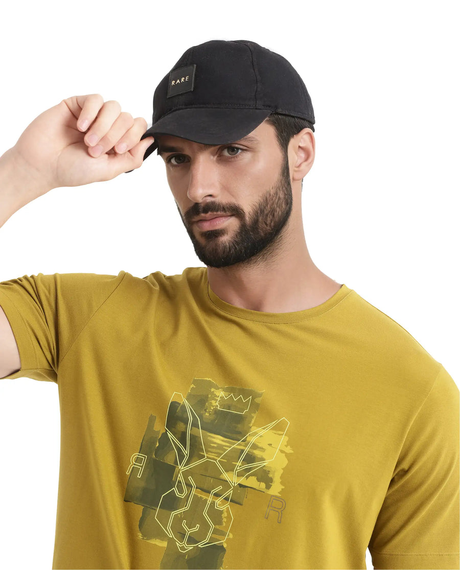 Rare Rabbit Men's Nexi Olive Cotton Graphic Print Regular Fit Half Sleeve Crew Neck T-Shirt