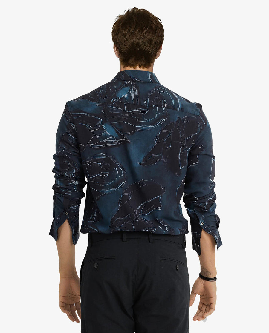 Rare Rabbit Men's Nexus Dark Teal Viscose Abstract Print Regular Fit Full Sleeve Collared Shirt