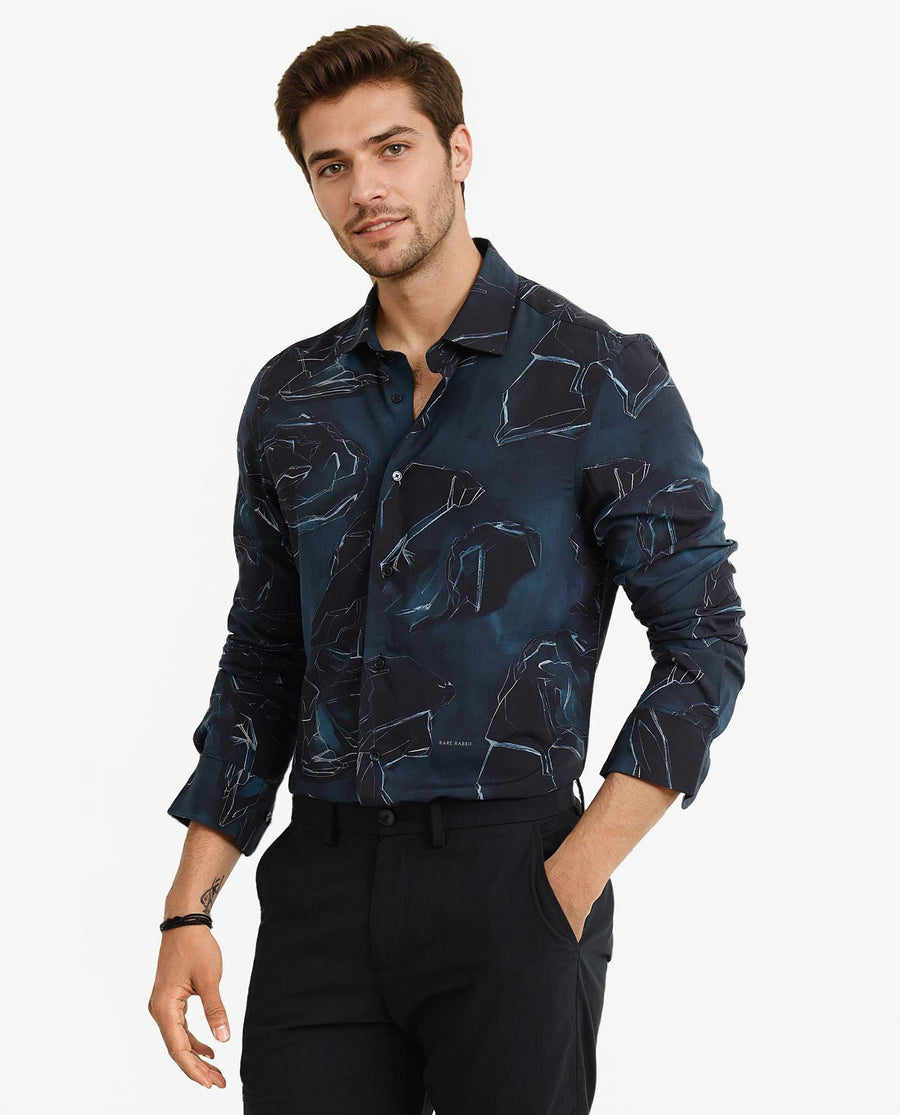 Rare Rabbit Men's Nexus Dark Teal Viscose Abstract Print Regular Fit Full Sleeve Collared Shirt