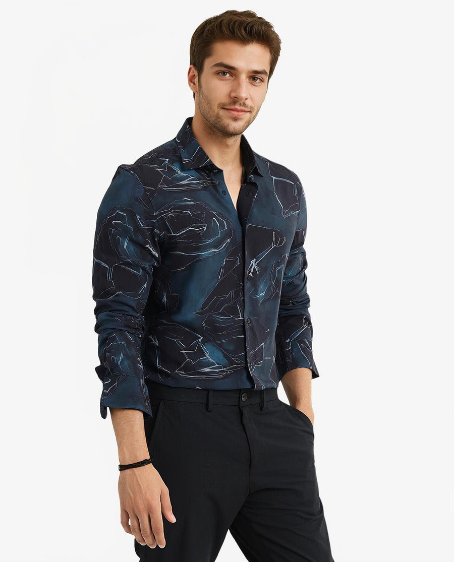 Rare Rabbit Men's Nexus Dark Teal Viscose Abstract Print Regular Fit Full Sleeve Collared Shirt