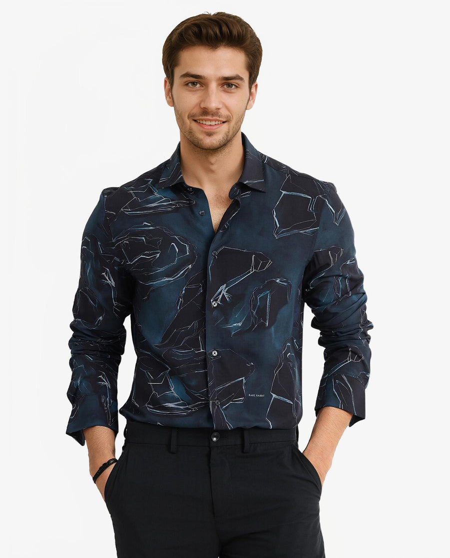 Rare Rabbit Men's Nexus Dark Teal Viscose Abstract Print Regular Fit Full Sleeve Collared Shirt