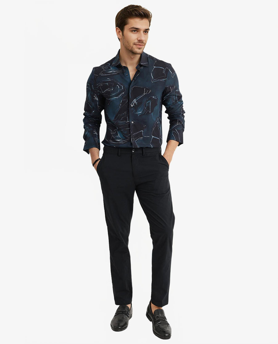 Rare Rabbit Men's Nexus Dark Teal Viscose Abstract Print Regular Fit Full Sleeve Collared Shirt