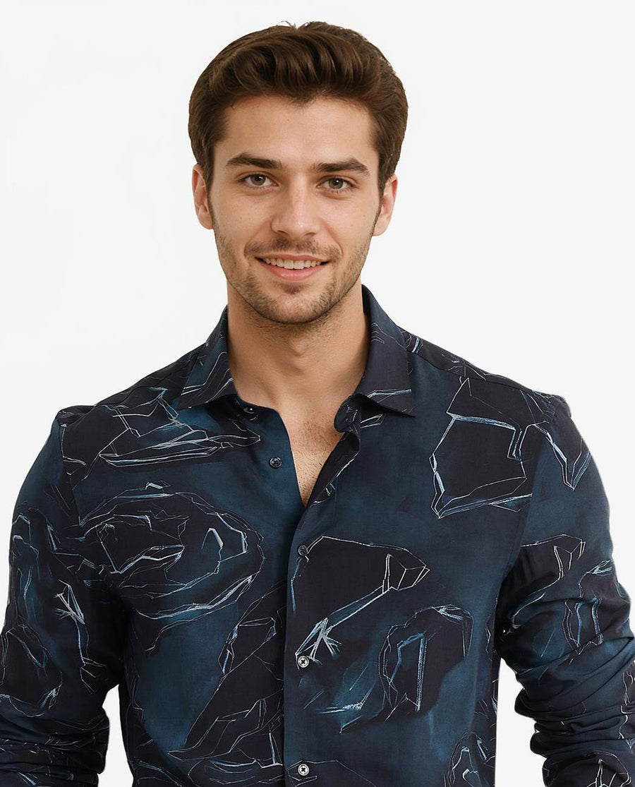 Rare Rabbit Men's Nexus Dark Teal Viscose Abstract Print Regular Fit Full Sleeve Collared Shirt