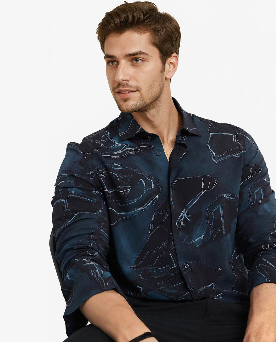Rare Rabbit Men's Nexus Dark Teal Viscose Abstract Print Regular Fit Full Sleeve Collared Shirt