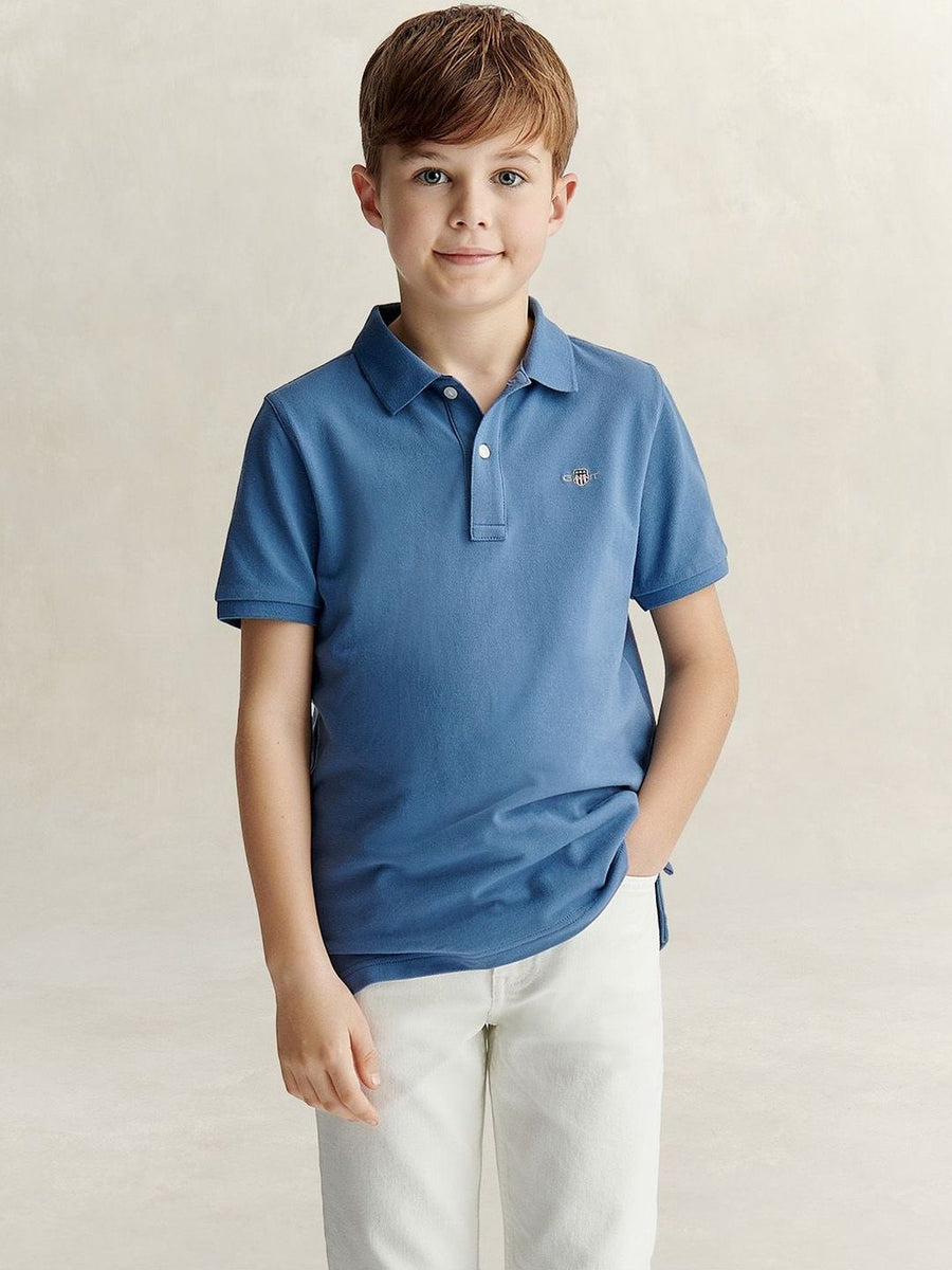 Gant Boys Blue Solid Regular Fit Shield Pique Polo T-Shirt