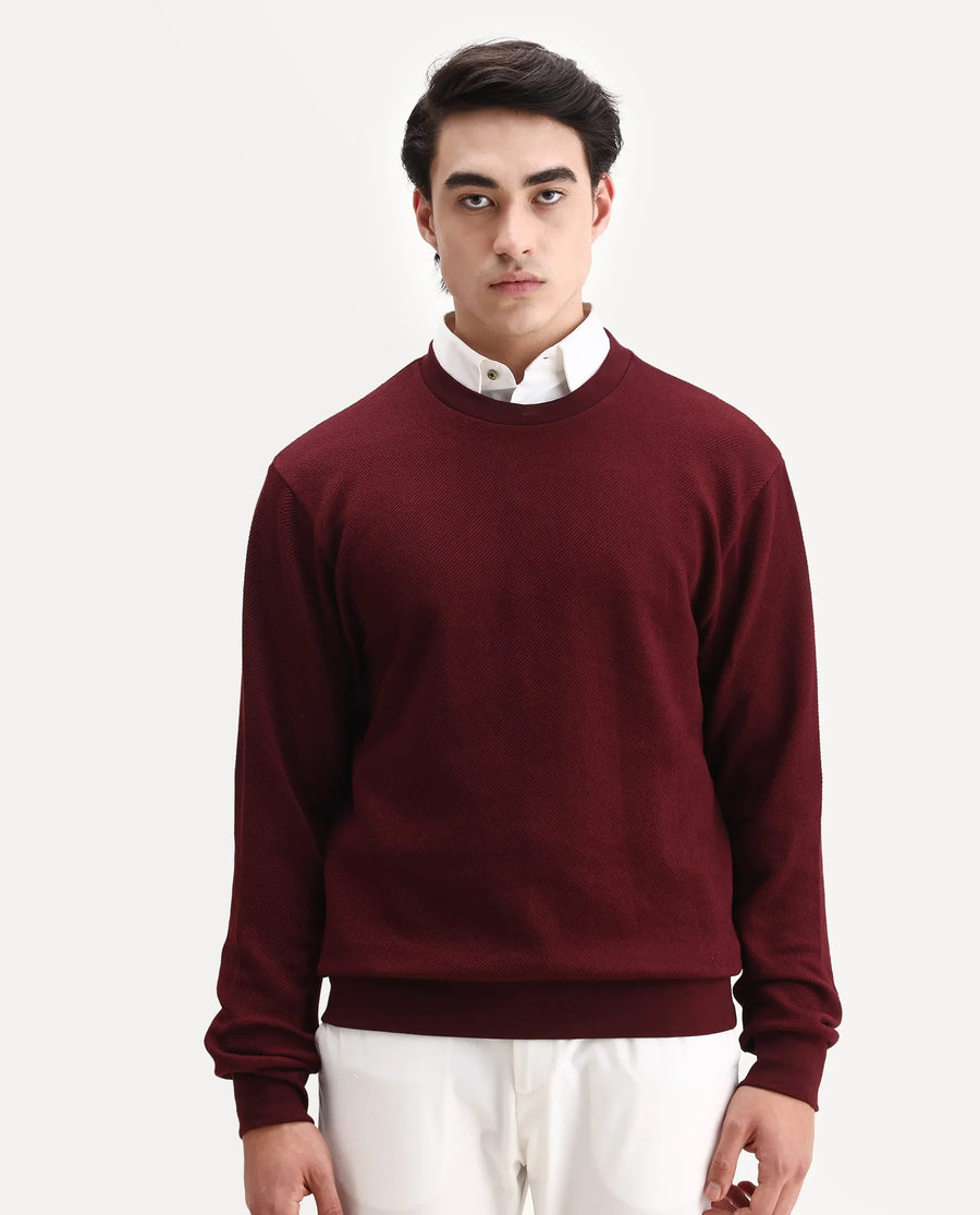 Rare Rabbit Men's Nial Dark Red Polyester Plain Regular Fit Full Sleeve Crew Neck Sweatshirt