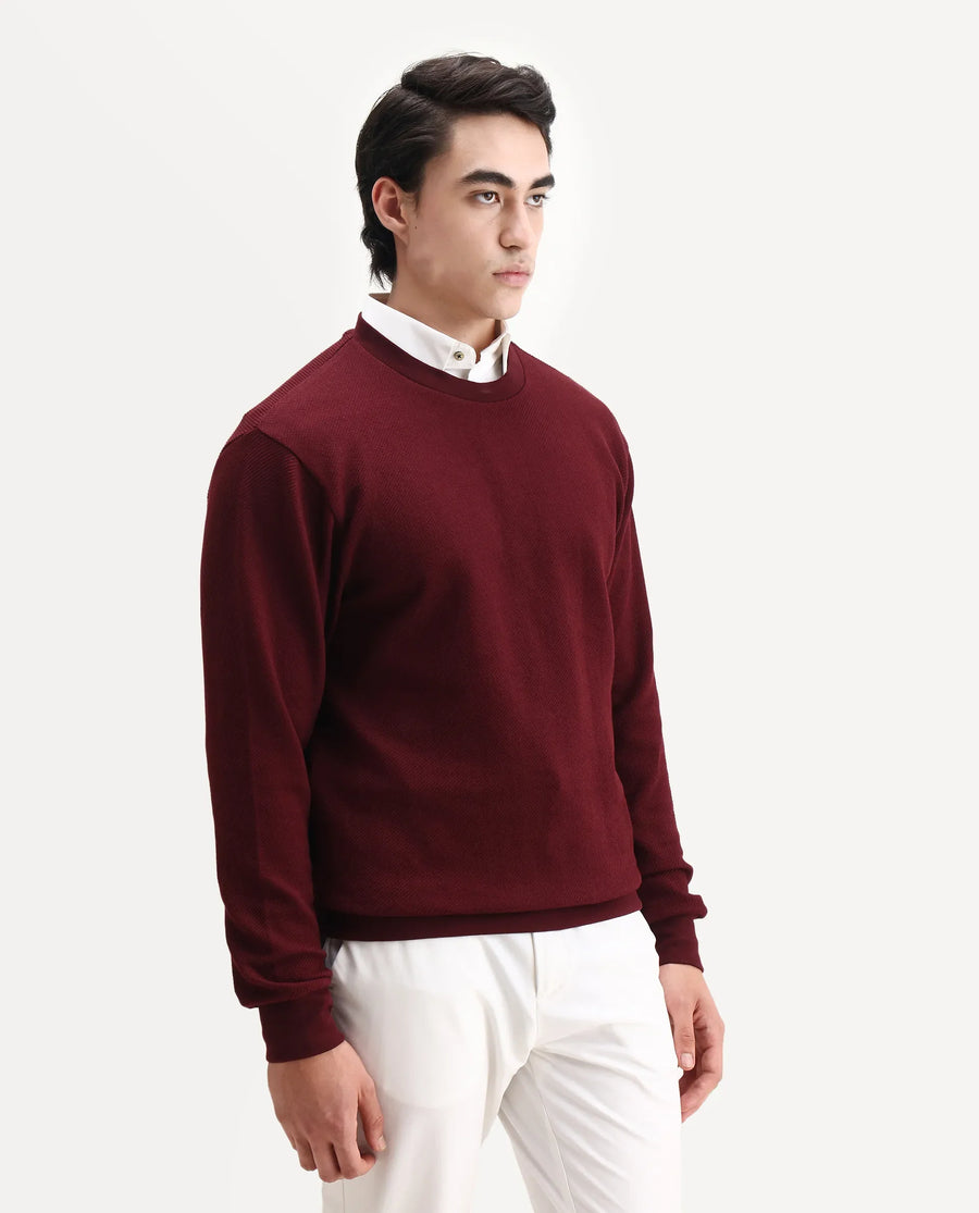 Rare Rabbit Men's Nial Dark Red Polyester Plain Regular Fit Full Sleeve Crew Neck Sweatshirt