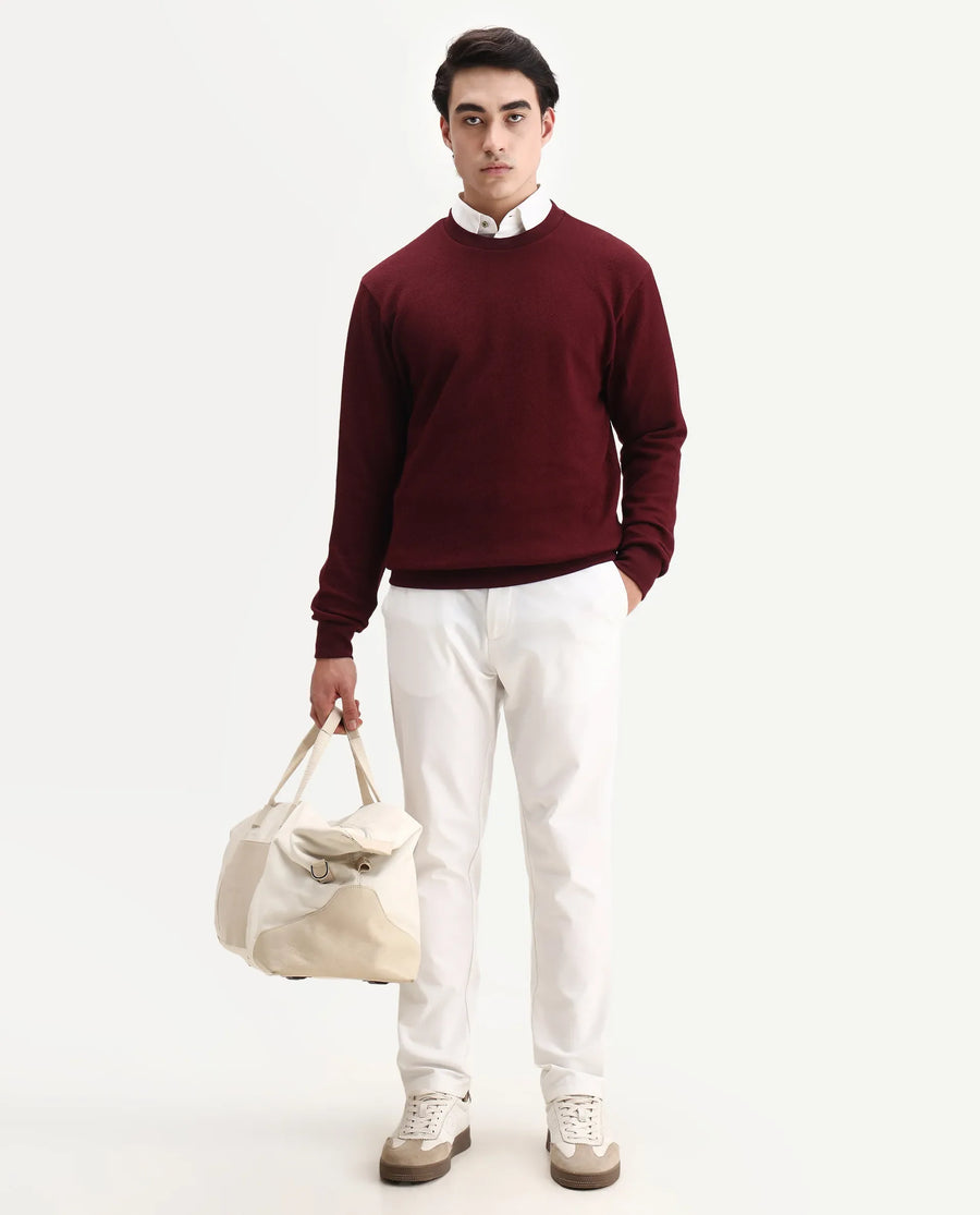 Rare Rabbit Men's Nial Dark Red Polyester Plain Regular Fit Full Sleeve Crew Neck Sweatshirt