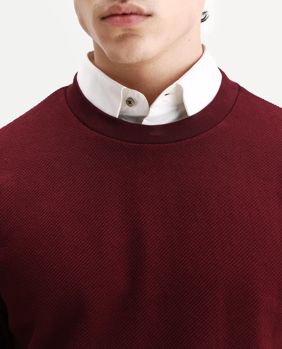 Rare Rabbit Men's Nial Dark Red Polyester Plain Regular Fit Full Sleeve Crew Neck Sweatshirt