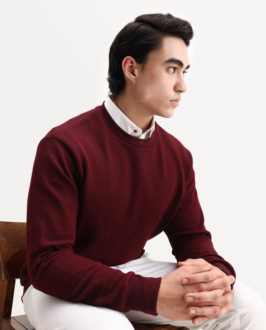 Rare Rabbit Men's Nial Dark Red Polyester Plain Regular Fit Full Sleeve Crew Neck Sweatshirt