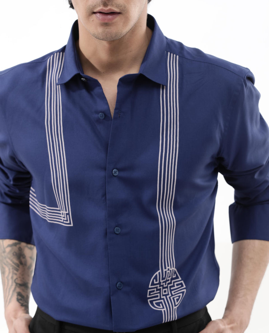 Rare Rabbit Men's Nicol Petrol Cotton Geometric Print Regular Fit Full Sleeve Collared Shirt