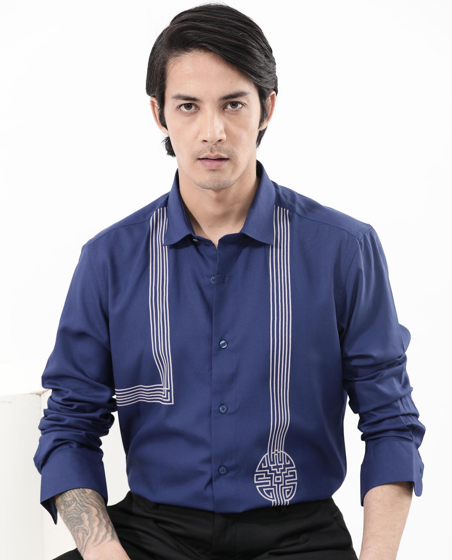 Rare Rabbit Men's Nicol Petrol Cotton Geometric Print Regular Fit Full Sleeve Collared Shirt