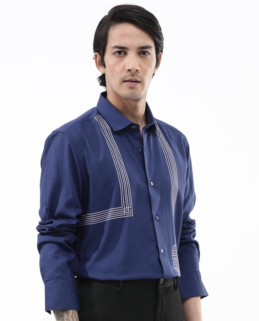 Rare Rabbit Men's Nicol Petrol Cotton Geometric Print Regular Fit Full Sleeve Collared Shirt