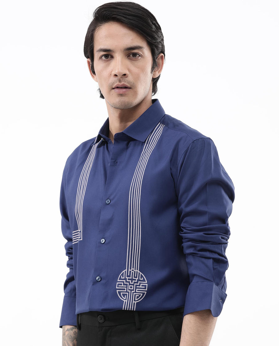 Rare Rabbit Men's Nicol Petrol Cotton Geometric Print Regular Fit Full Sleeve Collared Shirt