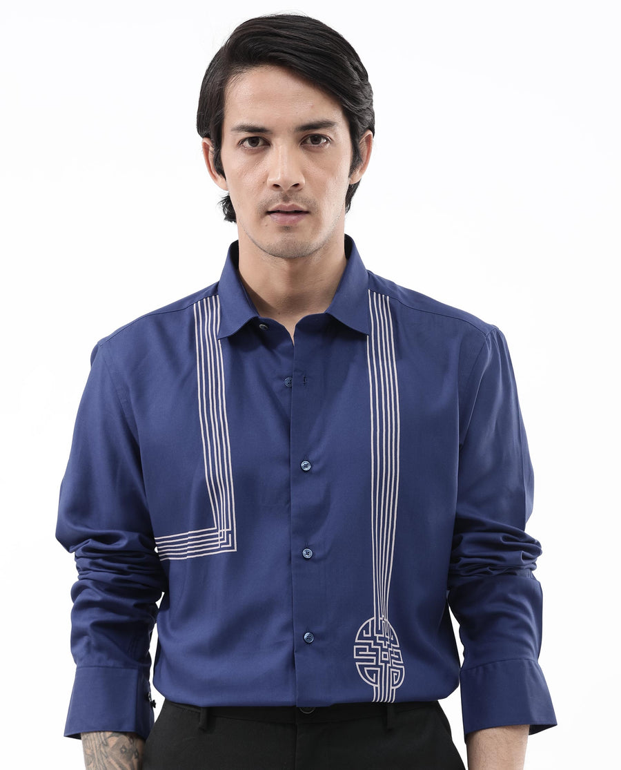 Rare Rabbit Men's Nicol Petrol Cotton Geometric Print Regular Fit Full Sleeve Collared Shirt