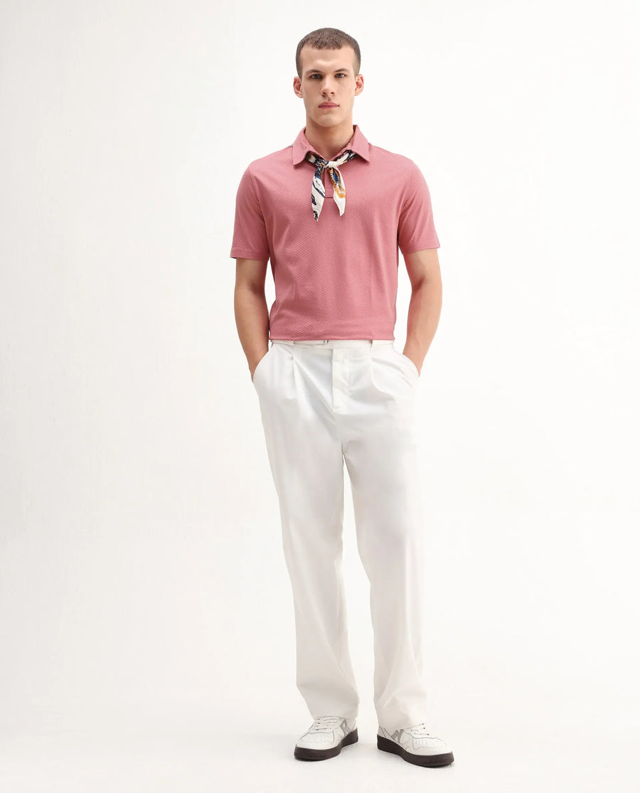 Rare Rabbit Men's Nielson Pastel Pink Cotton Textured Regular Fit Half Sleeve Polo