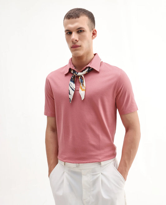 Rare Rabbit Men's Nielson Pastel Pink Cotton Textured Regular Fit Half Sleeve Polo