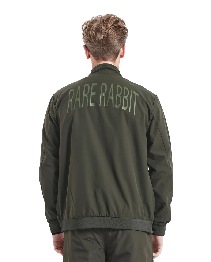Rare Rabbit Men's Niger Green Polyester Typography Print Relaxed Fit Full Sleeve High Neck Jacket