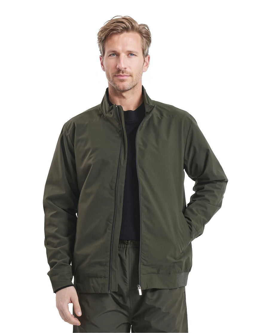 Rare Rabbit Men's Niger Green Polyester Typography Print Relaxed Fit Full Sleeve High Neck Jacket