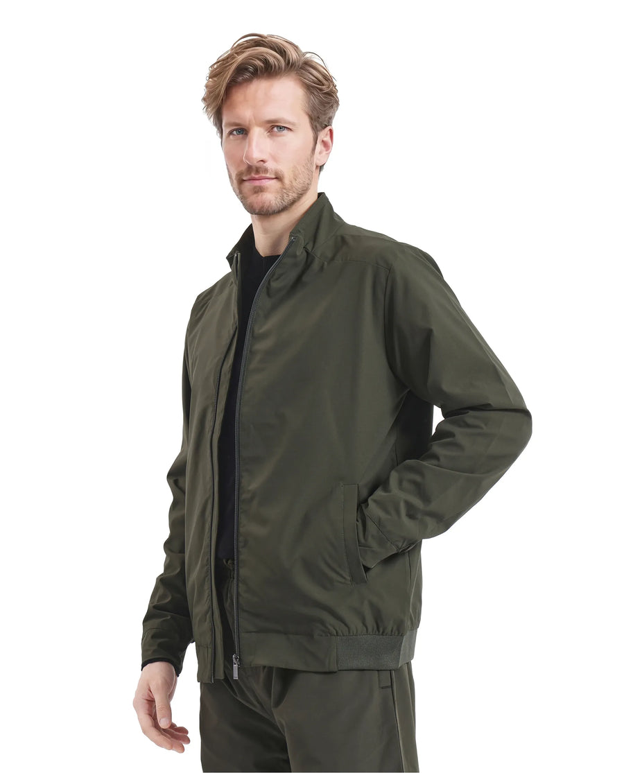 Rare Rabbit Men's Niger Green Polyester Typography Print Relaxed Fit Full Sleeve High Neck Jacket