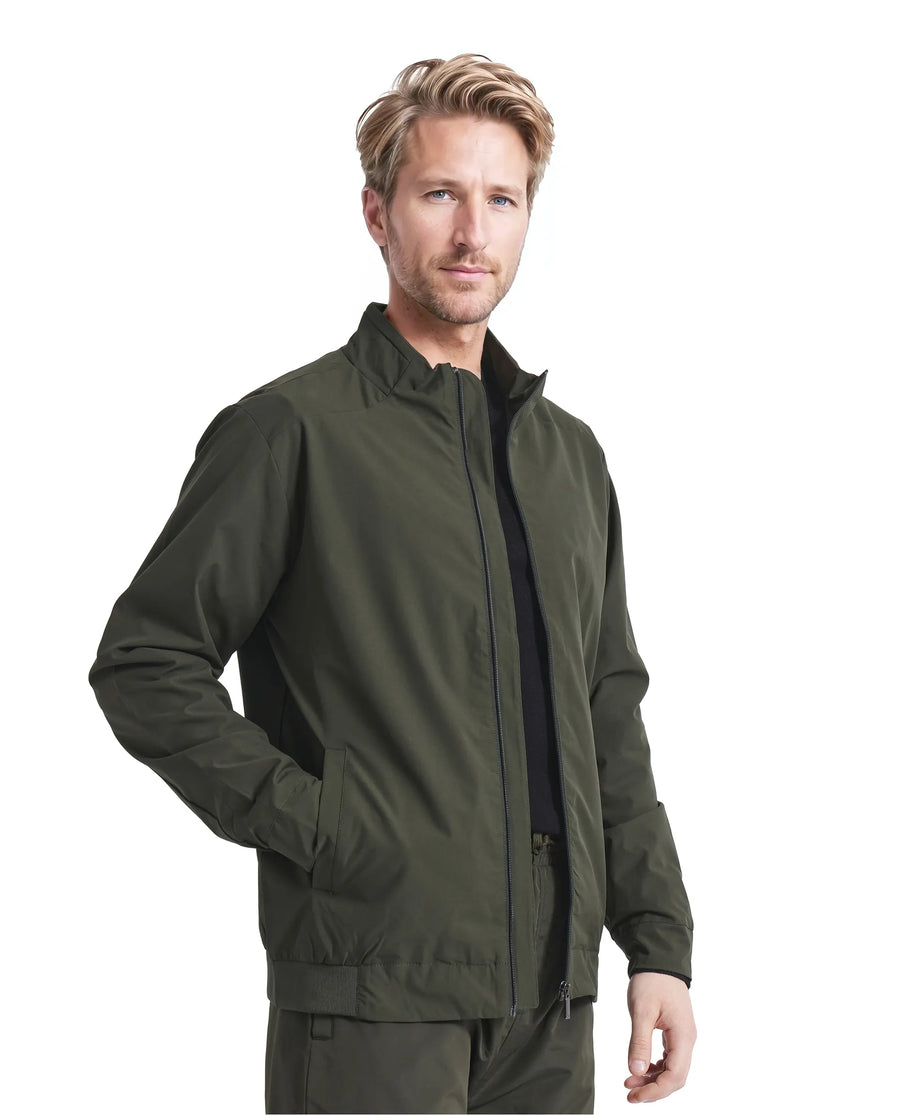 Rare Rabbit Men's Niger Green Polyester Typography Print Relaxed Fit Full Sleeve High Neck Jacket