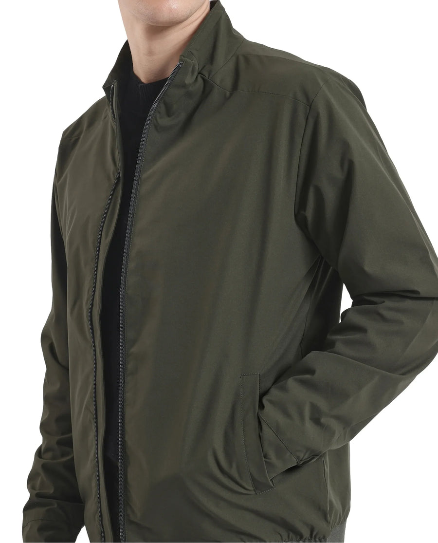 Rare Rabbit Men's Niger Green Polyester Typography Print Relaxed Fit Full Sleeve High Neck Jacket