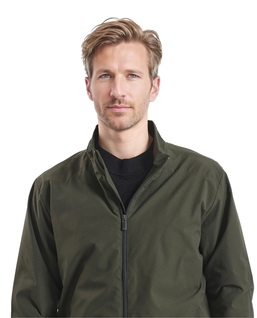 Rare Rabbit Men's Niger Green Polyester Typography Print Relaxed Fit Full Sleeve High Neck Jacket