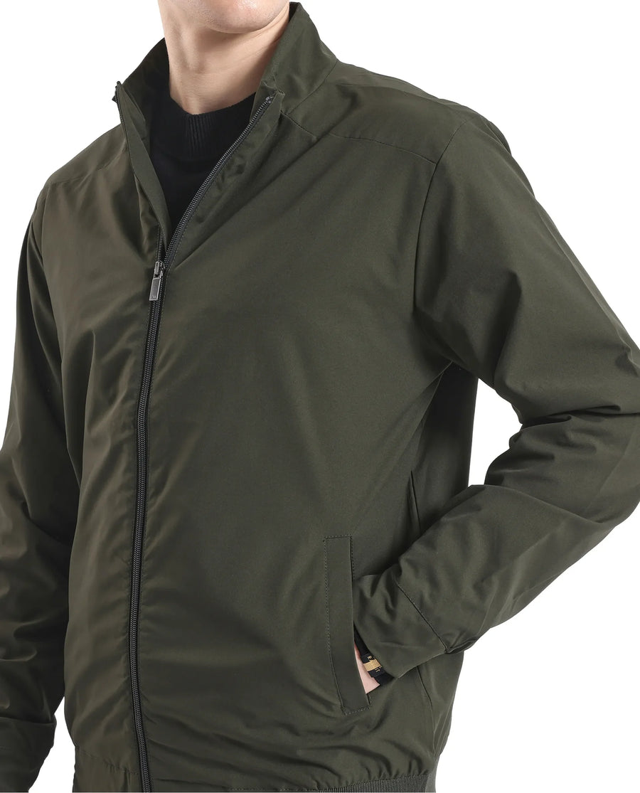 Rare Rabbit Men's Niger Green Polyester Typography Print Relaxed Fit Full Sleeve High Neck Jacket