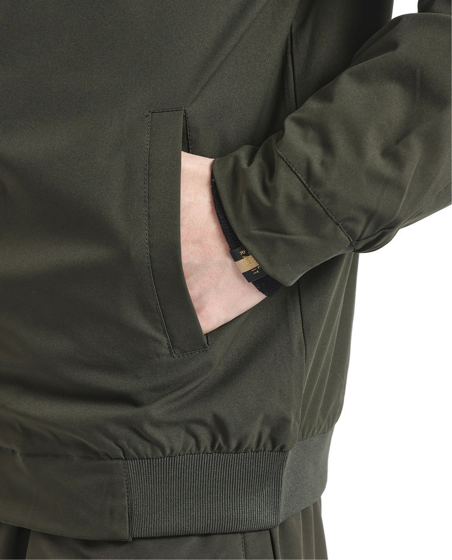 Rare Rabbit Men's Niger Green Polyester Typography Print Relaxed Fit Full Sleeve High Neck Jacket