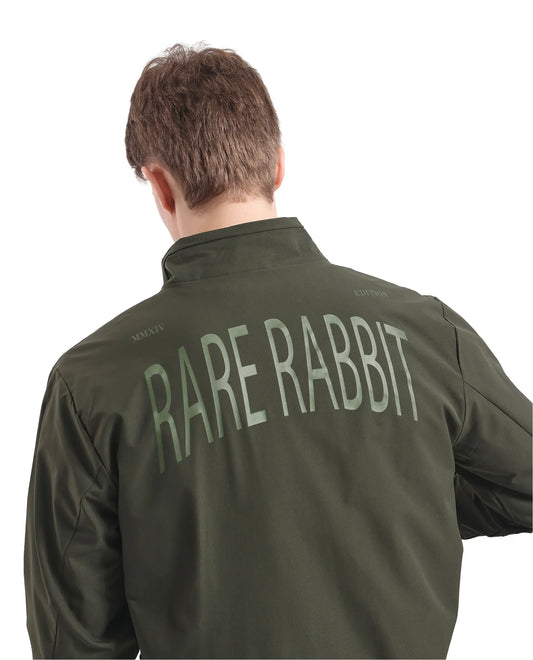 Rare Rabbit Men's Niger Green Polyester Typography Print Relaxed Fit Full Sleeve High Neck Jacket