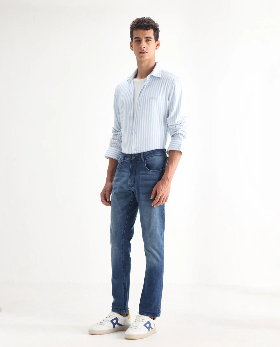 Rare Rabbit Men's Night Light Blue Cotton Plain Hawk Slim Fit Jeans