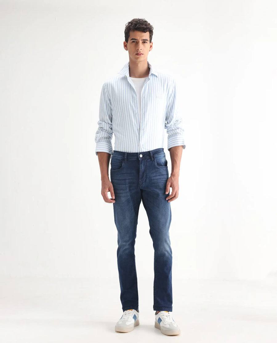 Rare Rabbit Men's Night Dark Blue Cotton Plain Hawk Slim Fit Jeans