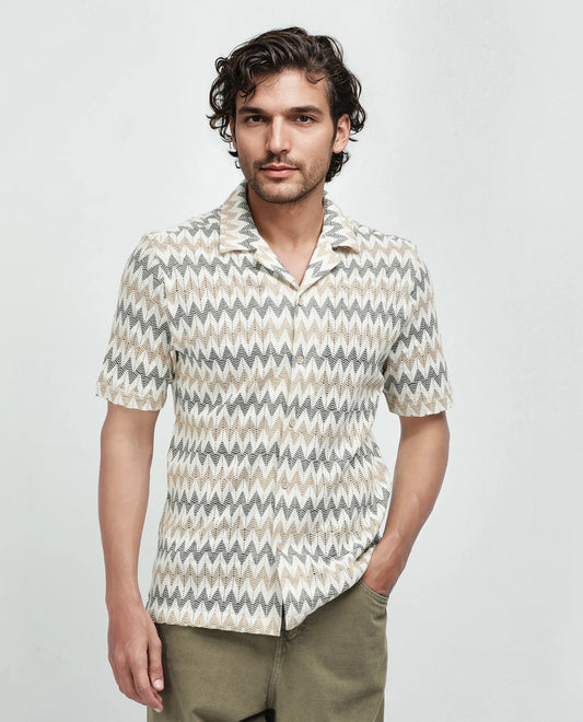 Rare Rabbit Men's Nikon Beige Cotton Zig Zag Print Boxy Fit Half Sleeve Cuban Collar Shirt