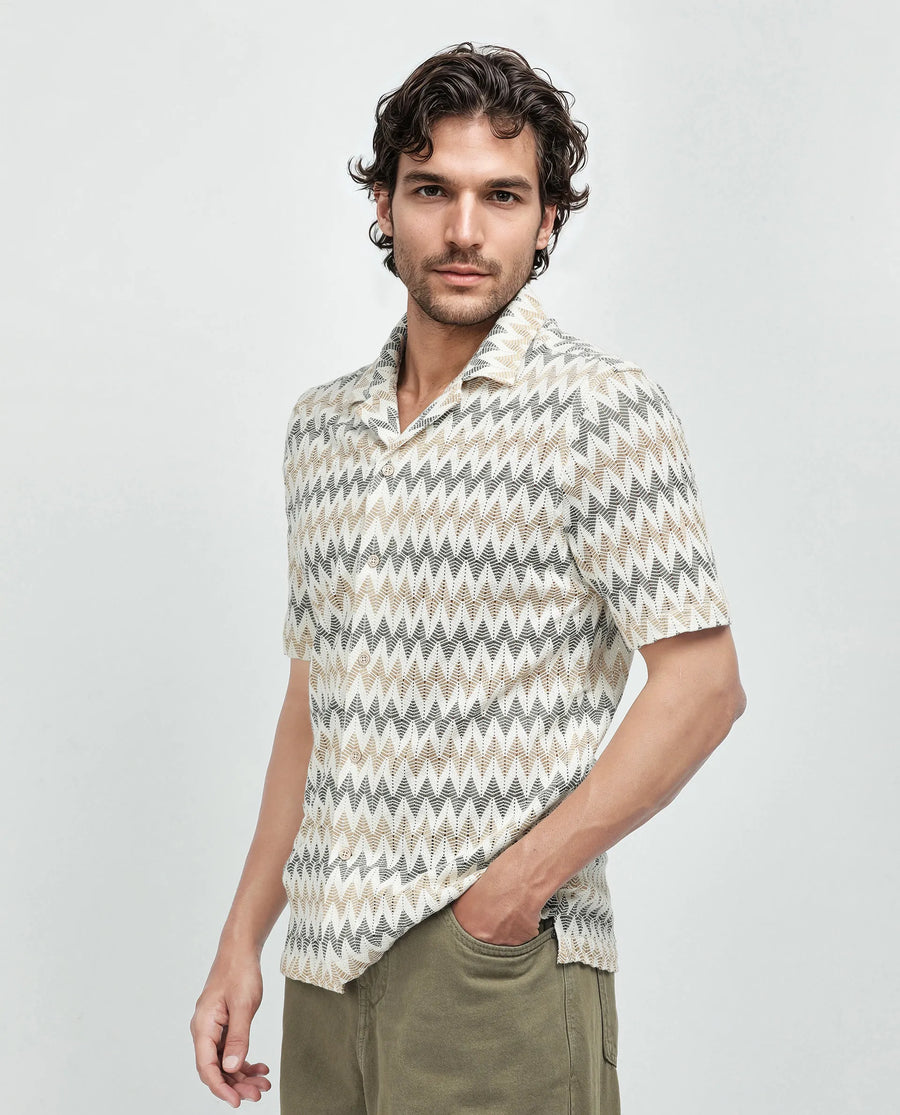 Rare Rabbit Men's Nikon Beige Cotton Zig Zag Print Boxy Fit Half Sleeve Cuban Collar Shirt
