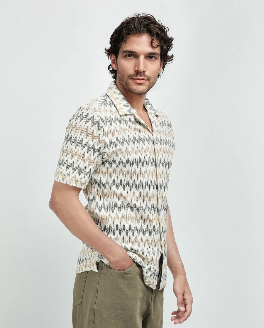Rare Rabbit Men's Nikon Beige Cotton Zig Zag Print Boxy Fit Half Sleeve Cuban Collar Shirt