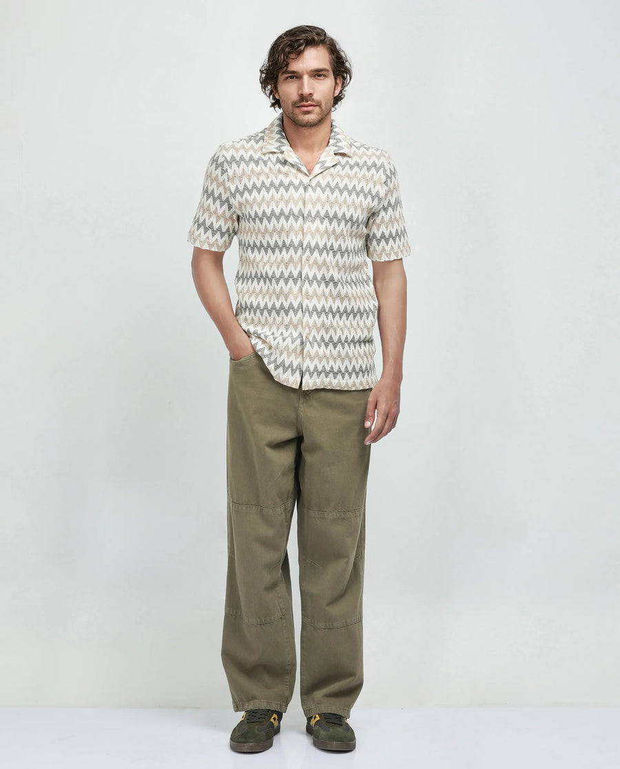 Rare Rabbit Men's Nikon Beige Cotton Zig Zag Print Boxy Fit Half Sleeve Cuban Collar Shirt