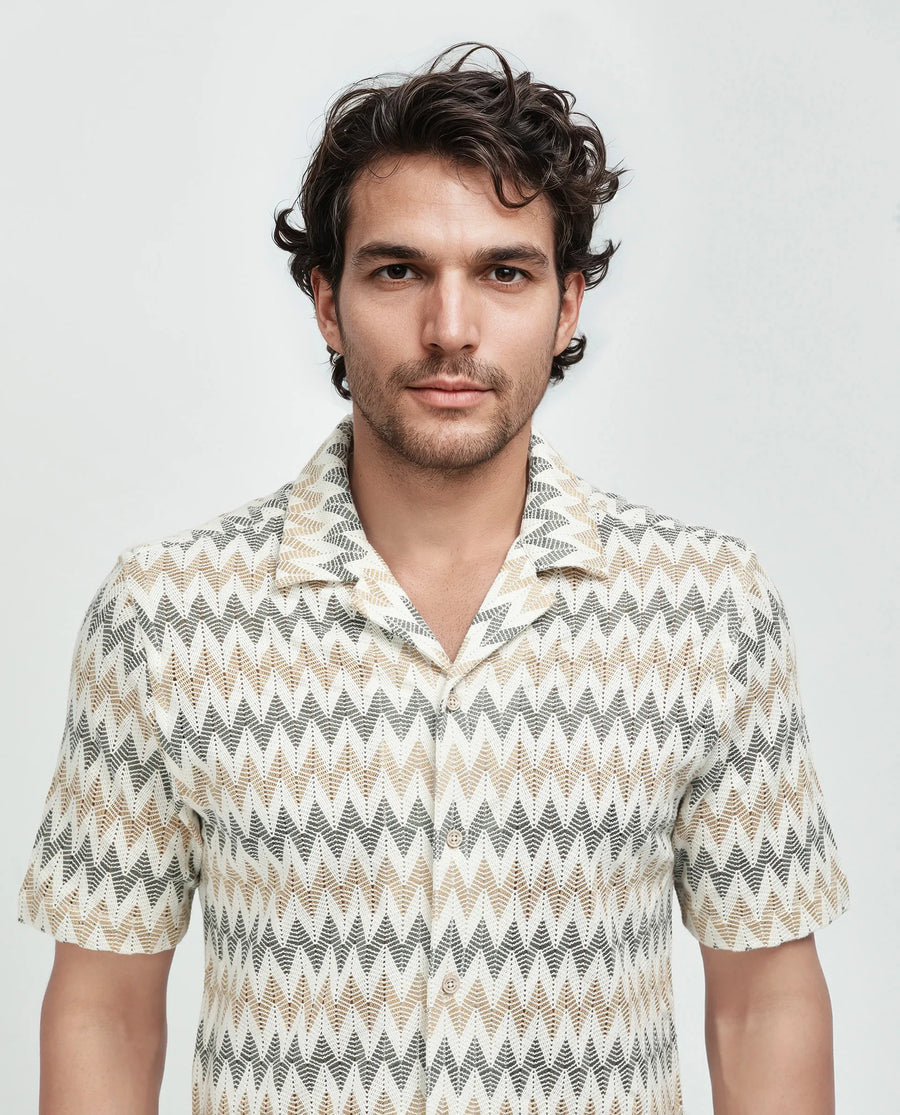 Rare Rabbit Men's Nikon Beige Cotton Zig Zag Print Boxy Fit Half Sleeve Cuban Collar Shirt