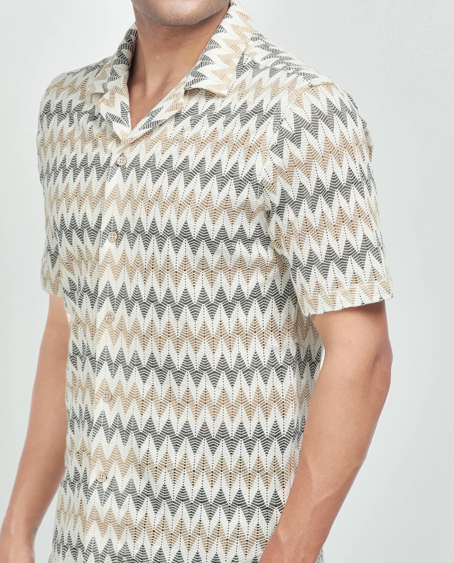 Rare Rabbit Men's Nikon Beige Cotton Zig Zag Print Boxy Fit Half Sleeve Cuban Collar Shirt